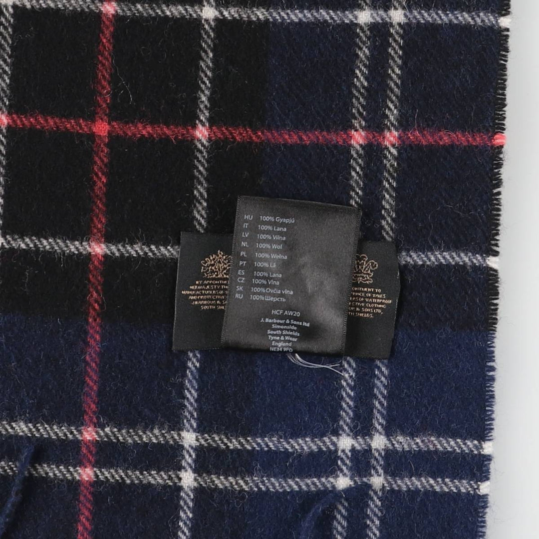 Barbour Tartan Check Wool Scarf, Made in England wool navy blue type Vintage Second Hand