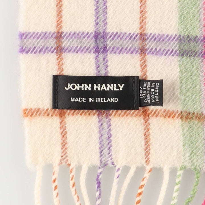JOHN HANLY Check Pattern Wool Scarf Merino wool Beige type Vintage Second Hand