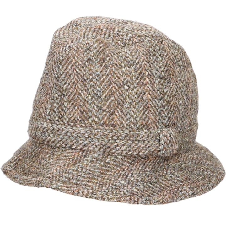 Harris Tweed Herringbone Wool Hat, One Size Fits Most wool Khaki type Vintage Second Hand