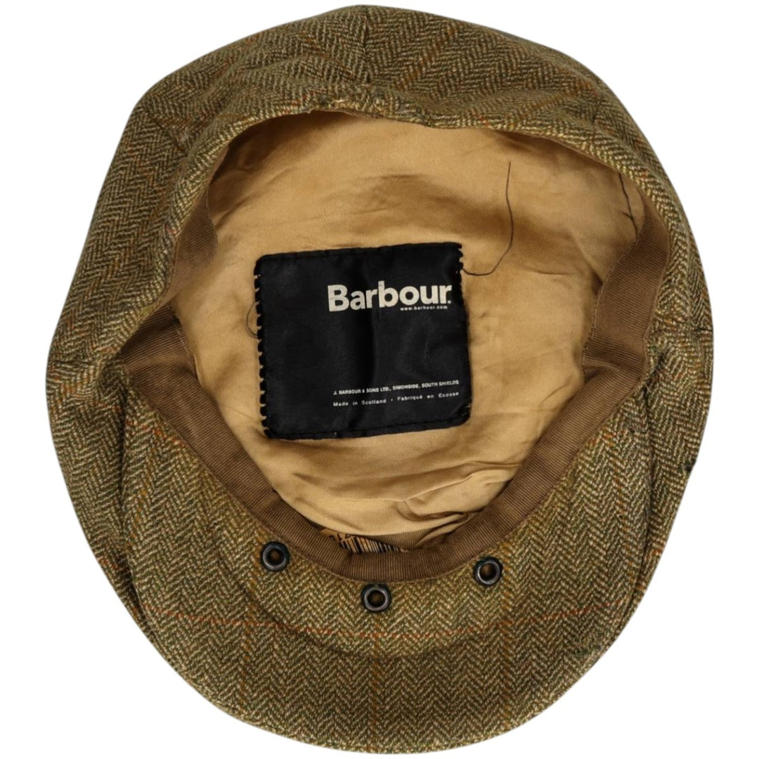 2000'S Barbour Dean Cap Green Check Pattern Herringbone Hunting Cap One Size Fits Most wool Khaki type Vintage Second Hand