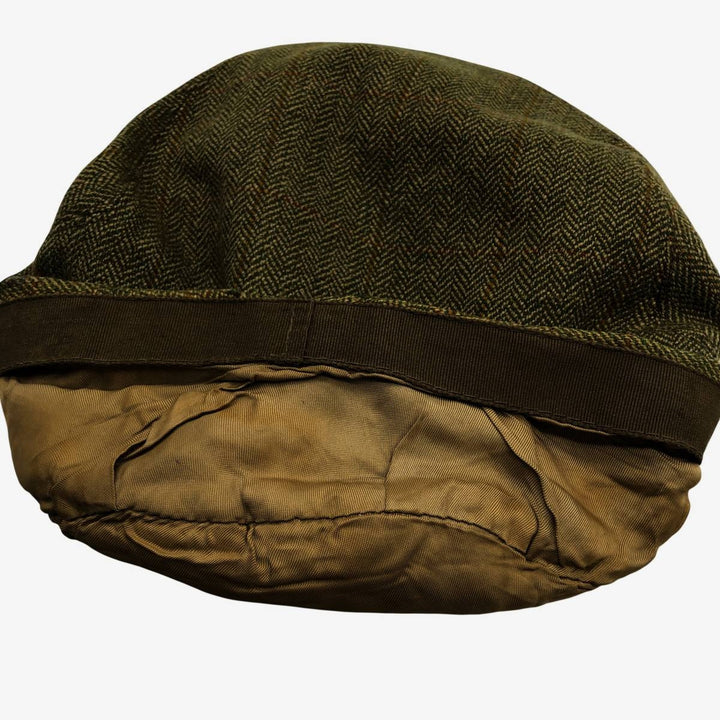2000'S Barbour Dean Cap Green Check Pattern Herringbone Hunting Cap One Size Fits Most wool Khaki type Vintage Second Hand