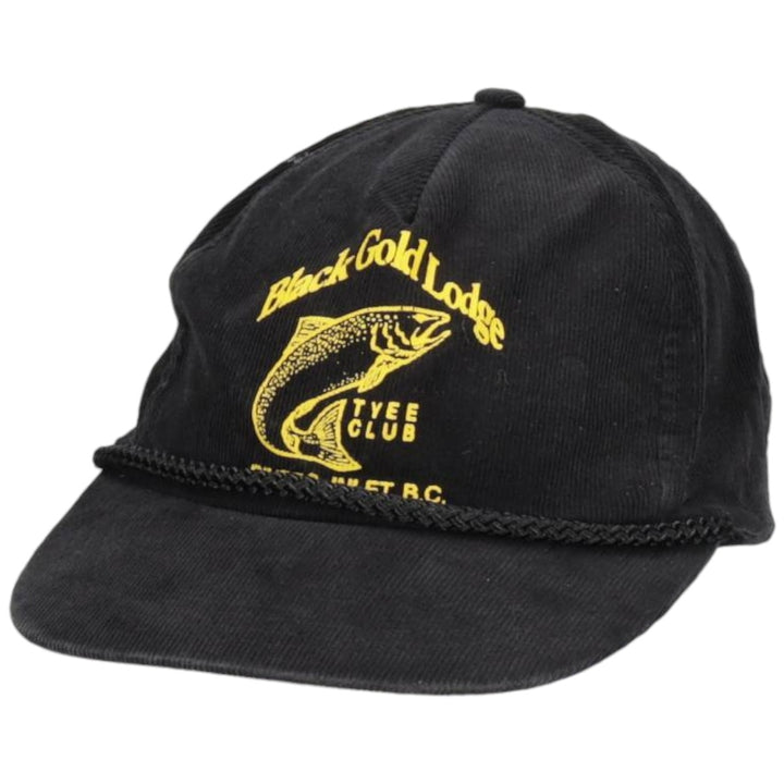 Black Gold Lodge Fish Print Advertising Corduroy Cap (One Size Fits All) cotton black type Vintage Second Hand