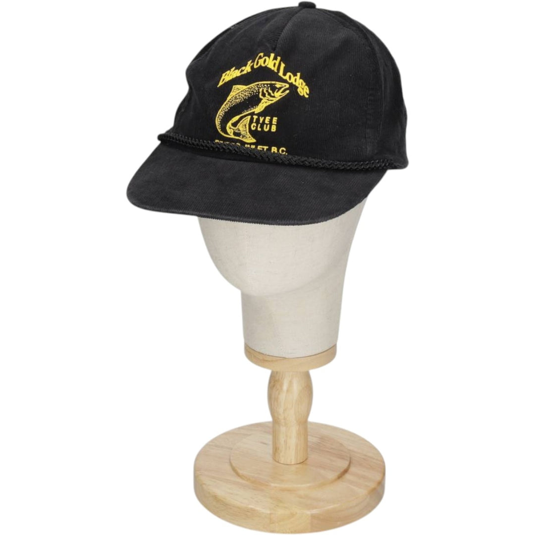 Black Gold Lodge Fish Print Advertising Corduroy Cap (One Size Fits All) cotton black type Vintage Second Hand
