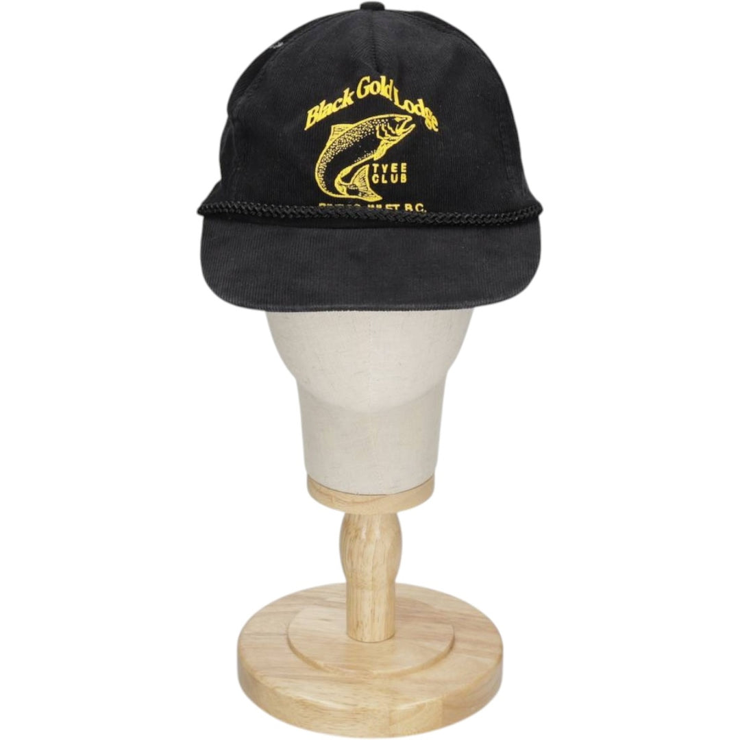 Black Gold Lodge Fish Print Advertising Corduroy Cap (One Size Fits All) cotton black type Vintage Second Hand