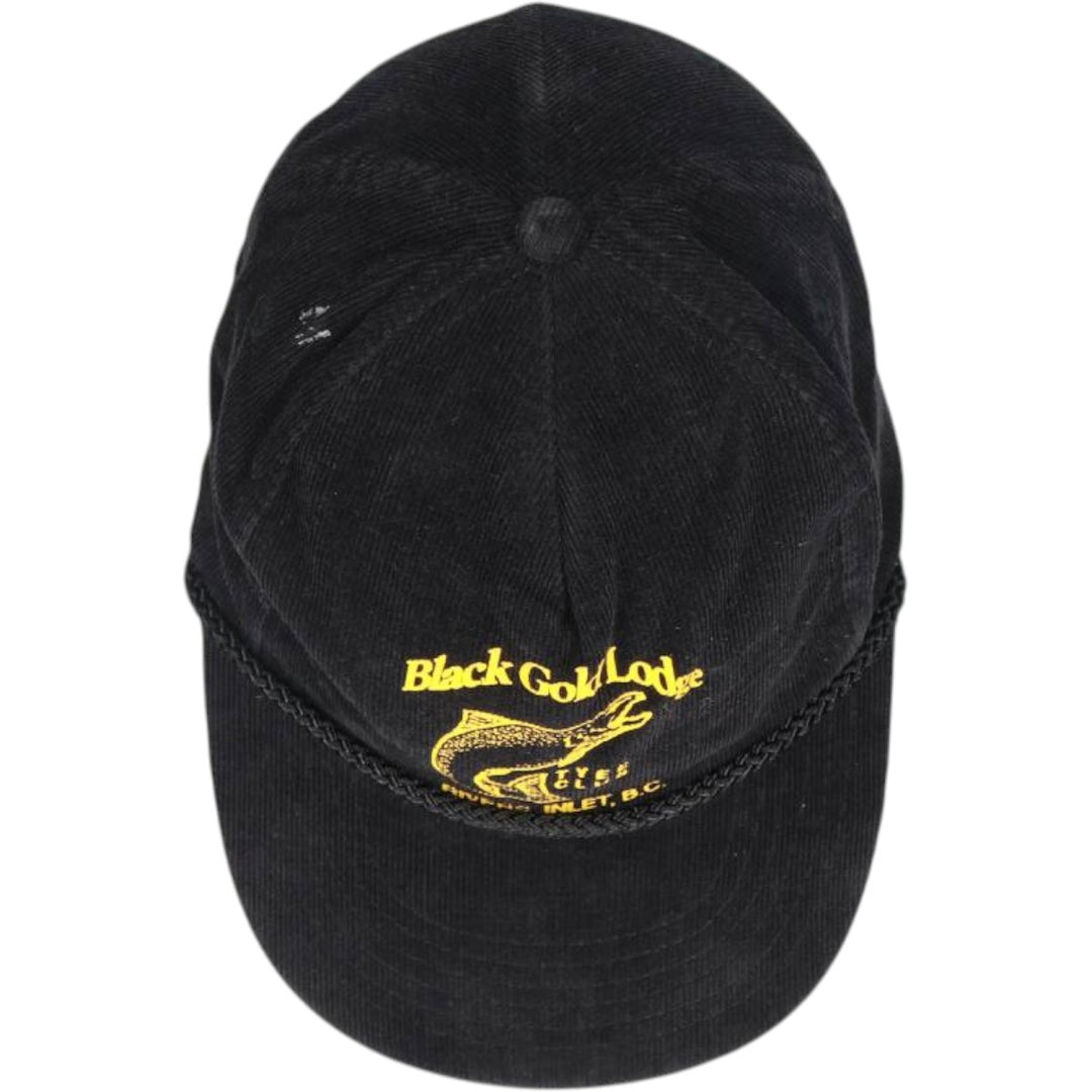Black Gold Lodge Fish Print Advertising Corduroy Cap (One Size Fits All) cotton black type Vintage Second Hand