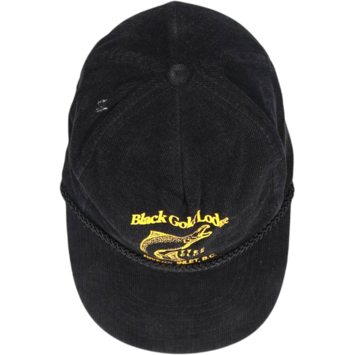 Black Gold Lodge Fish Print Advertising Corduroy Cap (One Size Fits All) cotton black type Vintage Second Hand