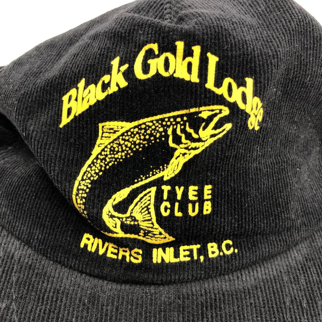 Black Gold Lodge Fish Print Advertising Corduroy Cap (One Size Fits All) cotton black type Vintage Second Hand