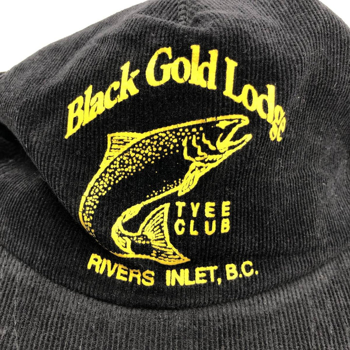 Black Gold Lodge Fish Print Advertising Corduroy Cap (One Size Fits All) cotton black type Vintage Second Hand