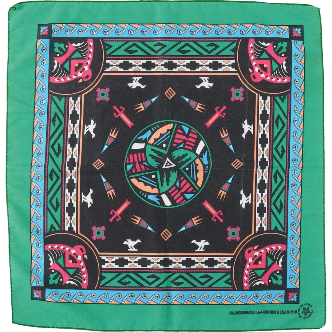 80s-90'S all-over Native American pattern bandana, made in USA, vintage. cotton green type Vintage Second Hand