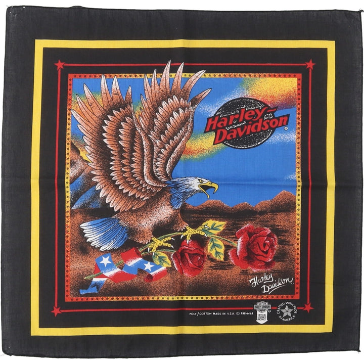 80s-90'S Harley-Davidson all-over eagle pattern bandana, made in the USA, vintage. polyester black type Vintage Second Hand