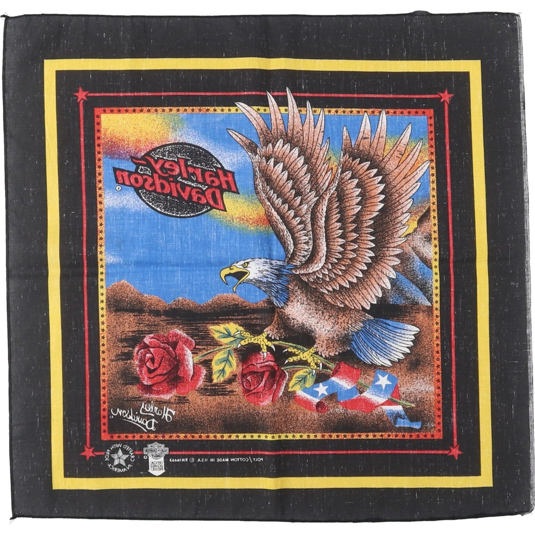 80s-90'S Harley-Davidson all-over eagle pattern bandana, made in the USA, vintage. polyester black type Vintage Second Hand
