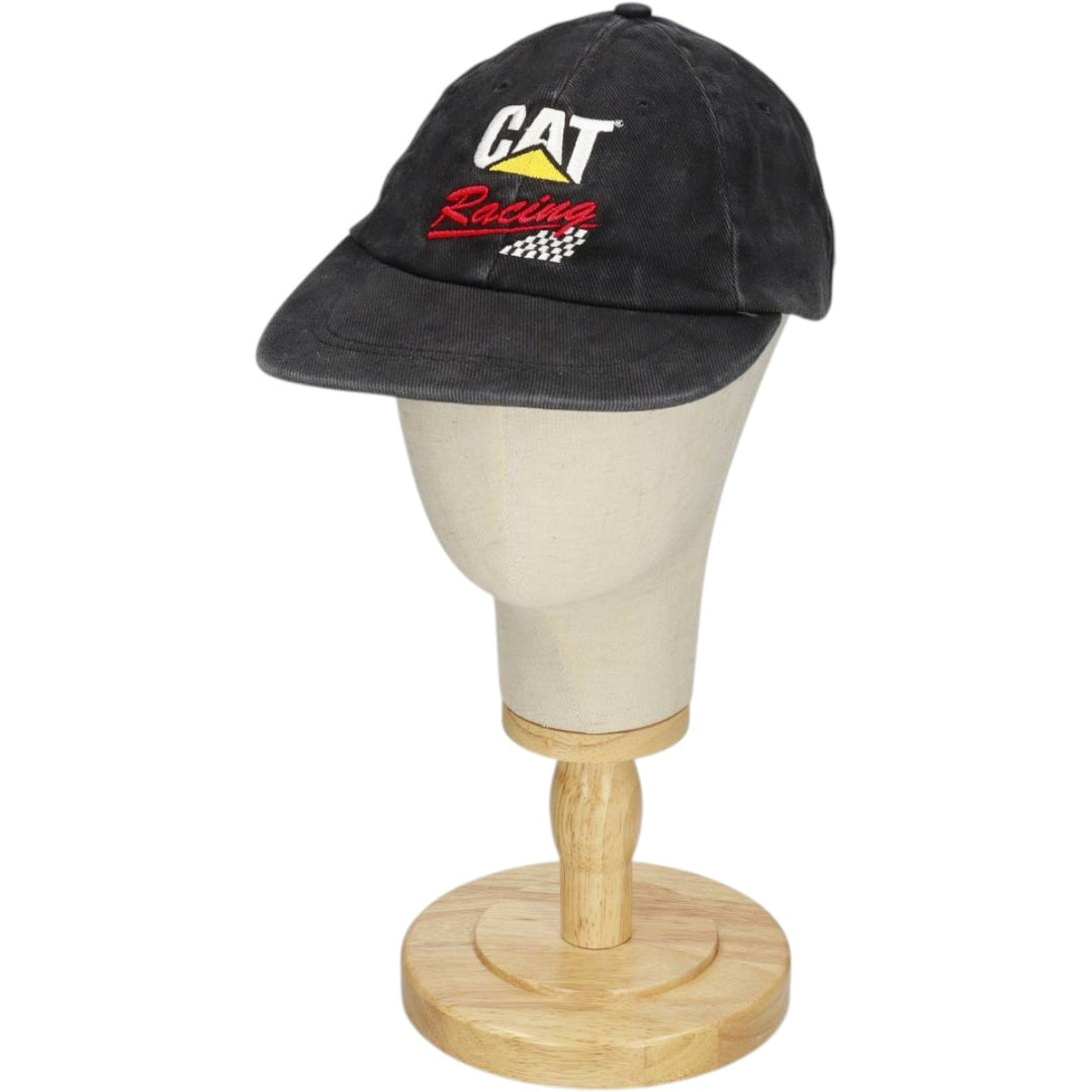 ~90'S TONKIN CAT Caterpillar Checker Flag Advertising Baseball Cap, Made in USA, One Size Fits All unclear black type Vintage Second Hand