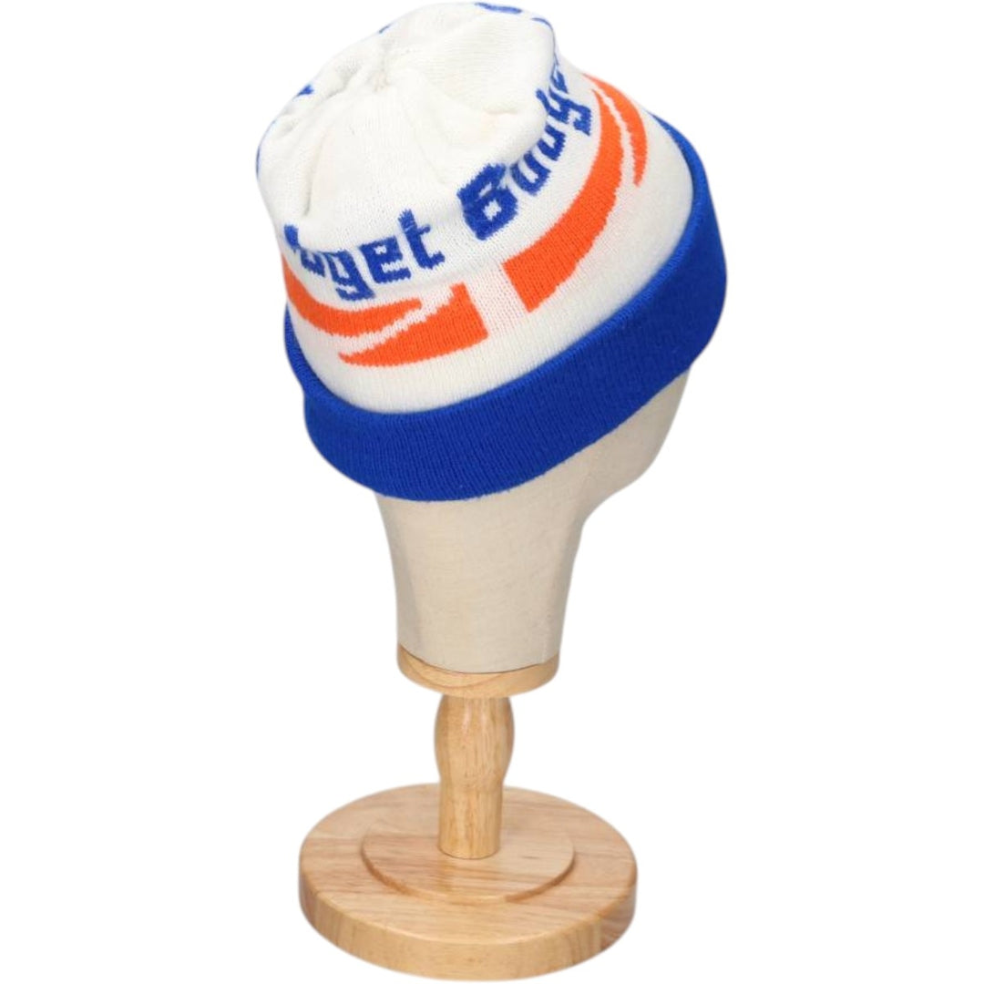 BUDGET RENT A CAR Plain Knit Beanie Hat (Unclear, One Size Fits All) Advertising unclear white type Vintage Second Hand