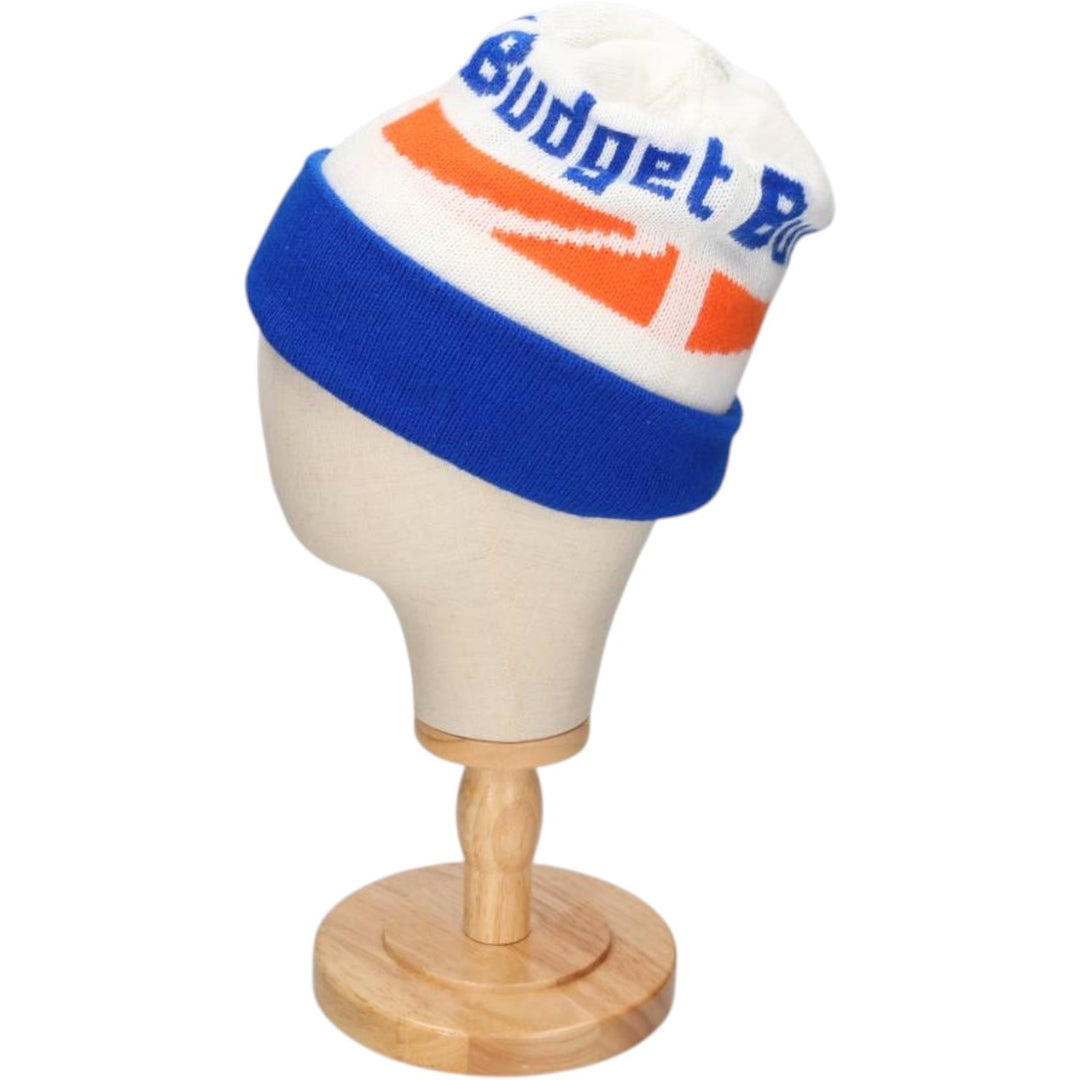 BUDGET RENT A CAR Plain Knit Beanie Hat (Unclear, One Size Fits All) Advertising unclear white type Vintage Second Hand