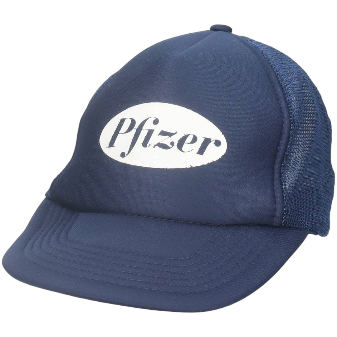 80'S Pfizer Advertising Trucker Cap Mesh Cap, One Size Fits All, Vintage unclear navy blue type Vintage Second Hand