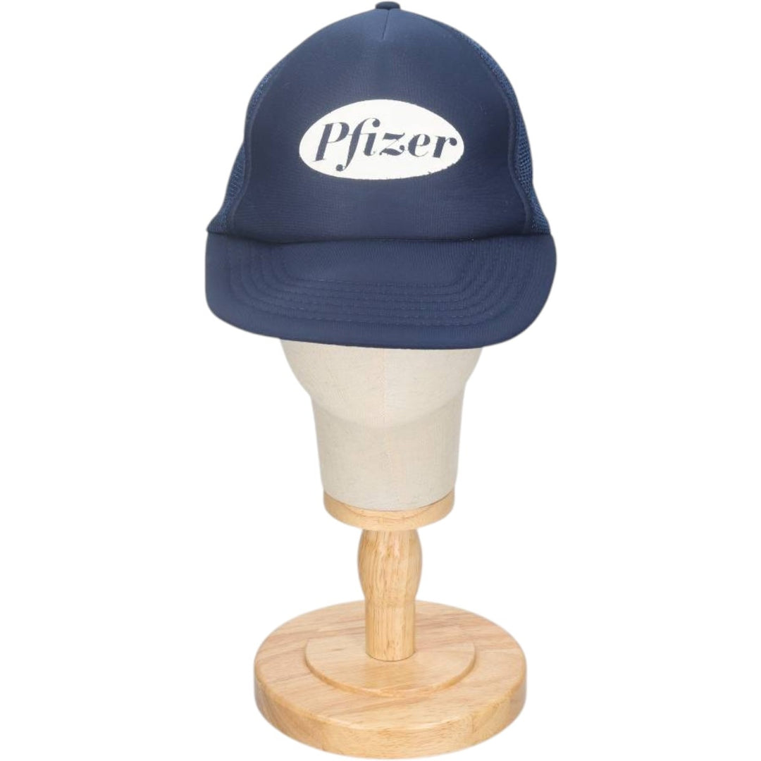 80'S Pfizer Advertising Trucker Cap Mesh Cap, One Size Fits All, Vintage unclear navy blue type Vintage Second Hand