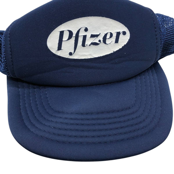 80'S Pfizer Advertising Trucker Cap Mesh Cap, One Size Fits All, Vintage unclear navy blue type Vintage Second Hand