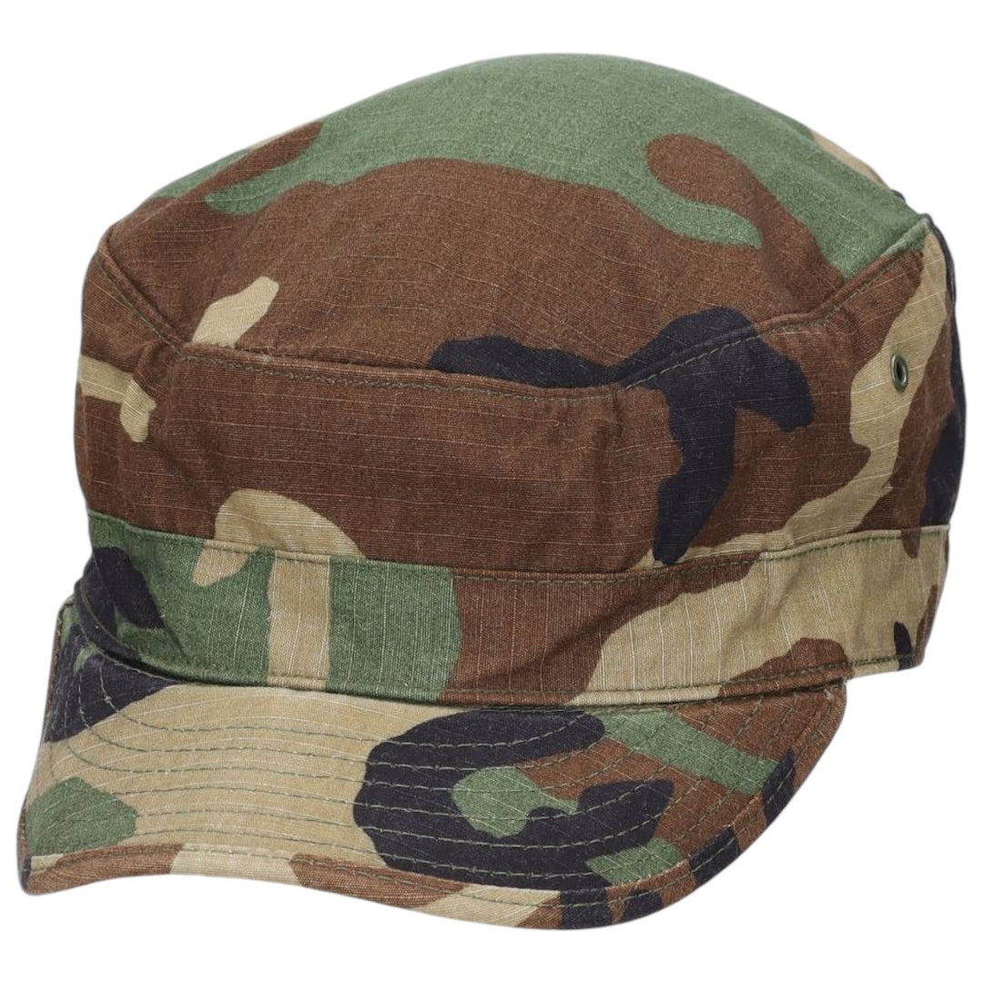 1990'S US Military Issue Woodland Camo Patrol Cap, Ripstop Work Cap, Made in USA, Size 7.3 Nylon Khaki type Vintage Second Hand