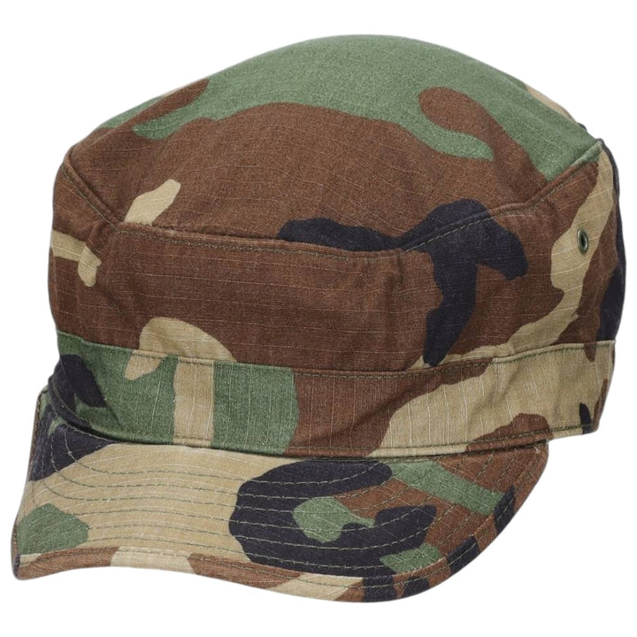 1990'S US Military Issue Woodland Camo Patrol Cap, Ripstop Work Cap, Made in USA, Size 7.3 Nylon Khaki type Vintage Second Hand