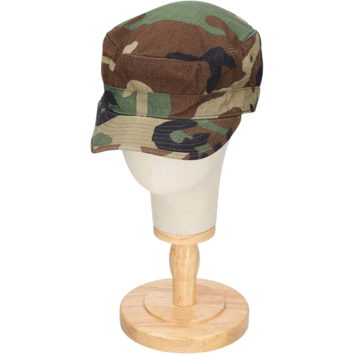 1990'S US Military Issue Woodland Camo Patrol Cap, Ripstop Work Cap, Made in USA, Size 7.3 Nylon Khaki type Vintage Second Hand
