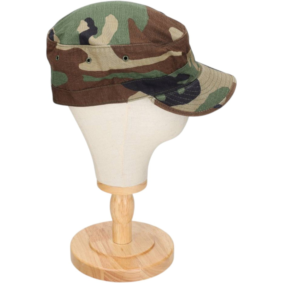 1990'S US Military Issue Woodland Camo Patrol Cap, Ripstop Work Cap, Made in USA, Size 7.3 Nylon Khaki type Vintage Second Hand
