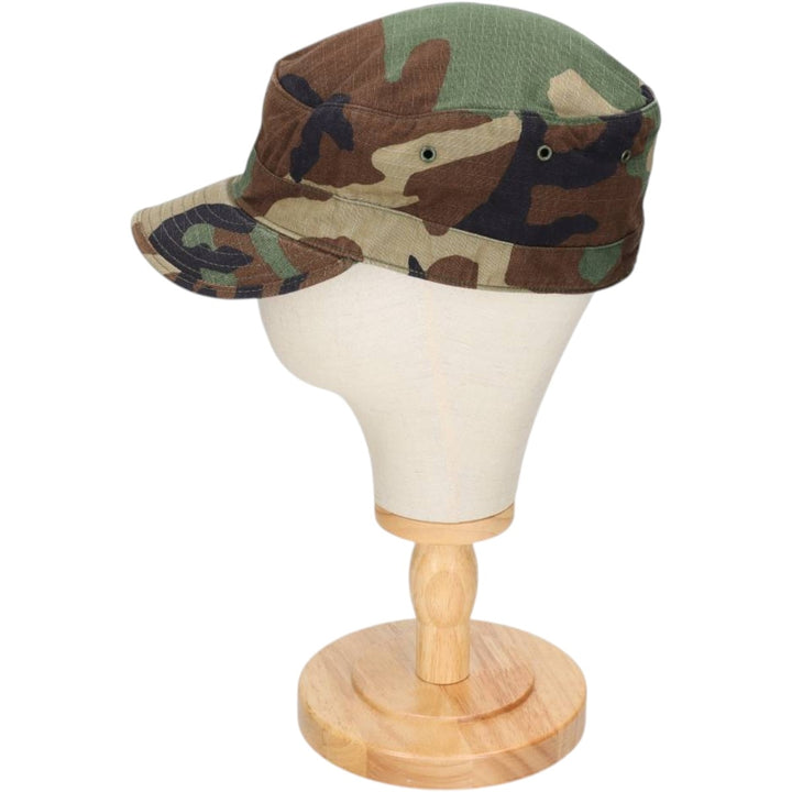 1990'S US Military Issue Woodland Camo Patrol Cap, Ripstop Work Cap, Made in USA, Size 7.3 Nylon Khaki type Vintage Second Hand