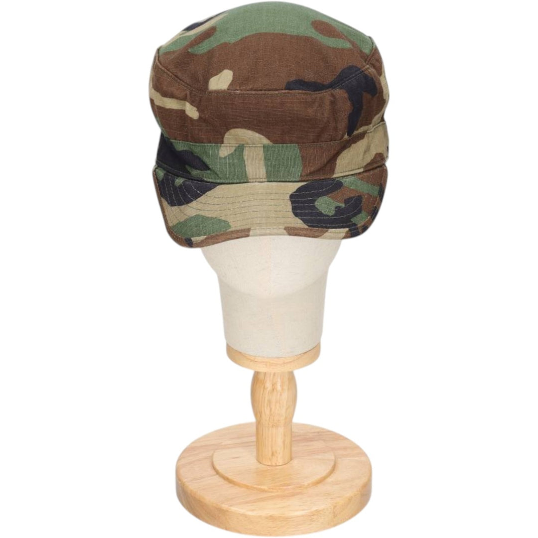 1990'S US Military Issue Woodland Camo Patrol Cap, Ripstop Work Cap, Made in USA, Size 7.3 Nylon Khaki type Vintage Second Hand
