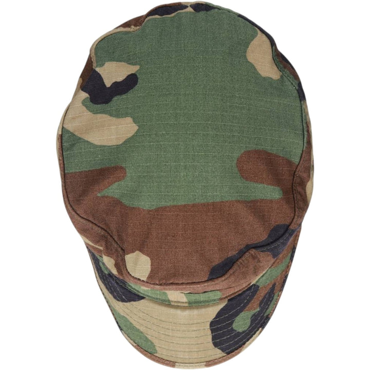 1990'S US Military Issue Woodland Camo Patrol Cap, Ripstop Work Cap, Made in USA, Size 7.3 Nylon Khaki type Vintage Second Hand