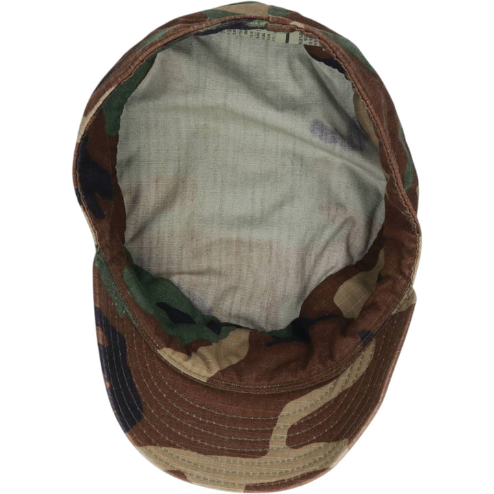 1990'S US Military Issue Woodland Camo Patrol Cap, Ripstop Work Cap, Made in USA, Size 7.3 Nylon Khaki type Vintage Second Hand