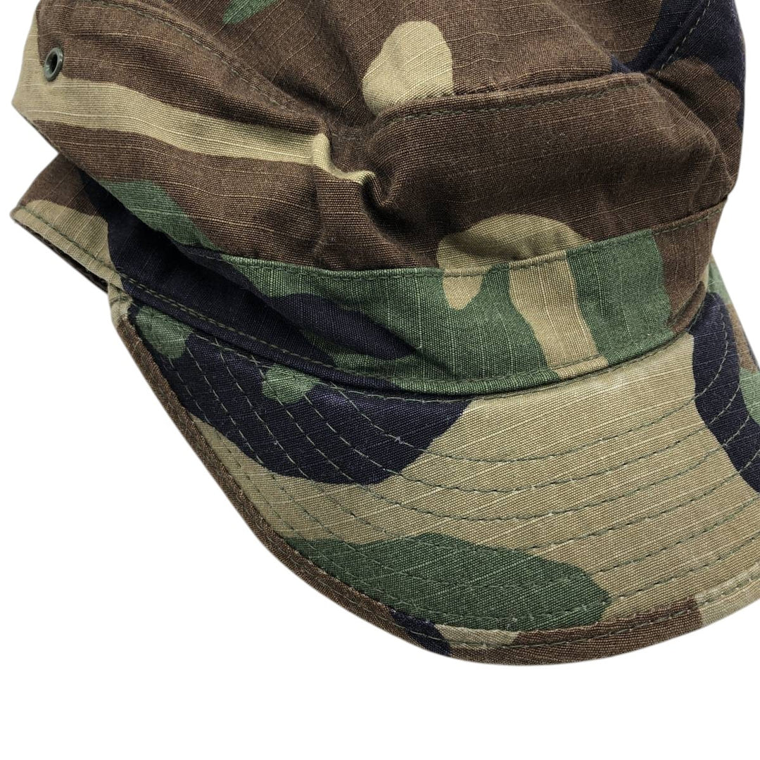 1990'S US Military Issue Woodland Camo Patrol Cap, Ripstop Work Cap, Made in USA, Size 7.3 Nylon Khaki type Vintage Second Hand