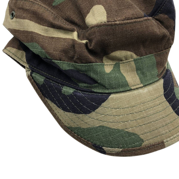 1990'S US Military Issue Woodland Camo Patrol Cap, Ripstop Work Cap, Made in USA, Size 7.3 Nylon Khaki type Vintage Second Hand