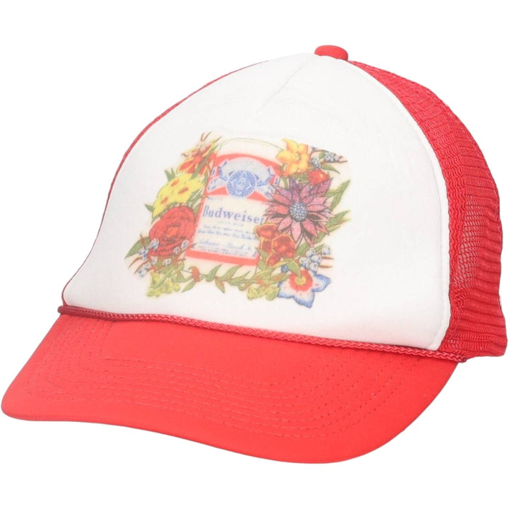 90s-00'S Budweiser Advertising Trucker Cap Mesh Cap, One Size Fits All, Vintage unclear red type Vintage Second Hand