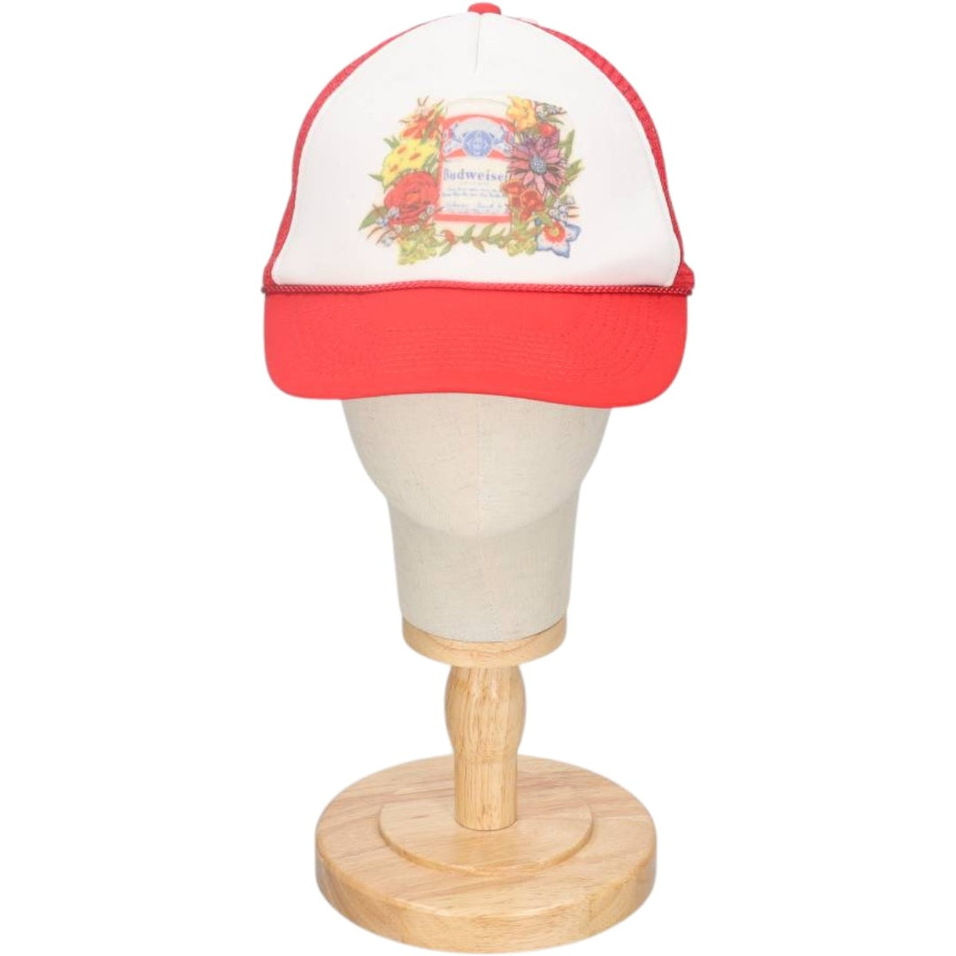 90s-00'S Budweiser Advertising Trucker Cap Mesh Cap, One Size Fits All, Vintage unclear red type Vintage Second Hand