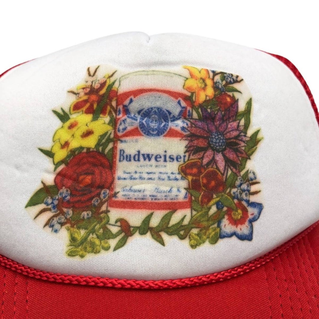 90s-00'S Budweiser Advertising Trucker Cap Mesh Cap, One Size Fits All, Vintage unclear red type Vintage Second Hand