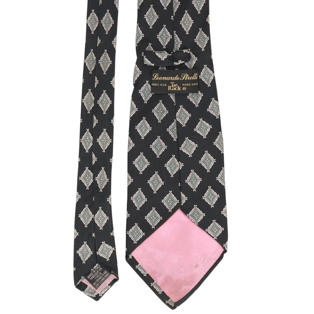 Tie Rack by Leonardo Strelli, featuring a diamond pattern and floral design, made in Italy. silk black type Vintage Second Hand
