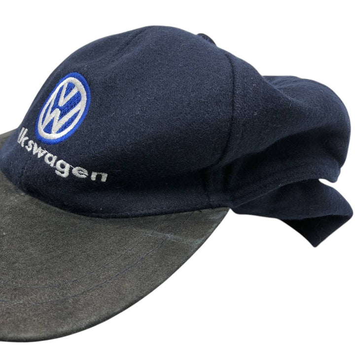 VOLKSWAGEN Earflap Suede Leather Brim Cap (One Size Fits All) unclear navy blue type Vintage Second Hand