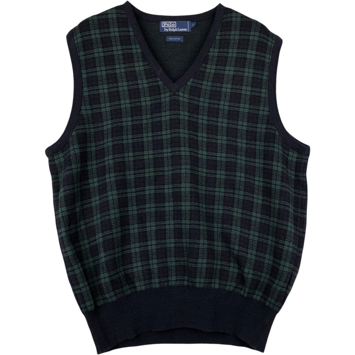 Ralph Lauren POLO by Ralph Lauren V-neck cotton knit vest, men's size L cotton navy blue type Vintage Second Hand