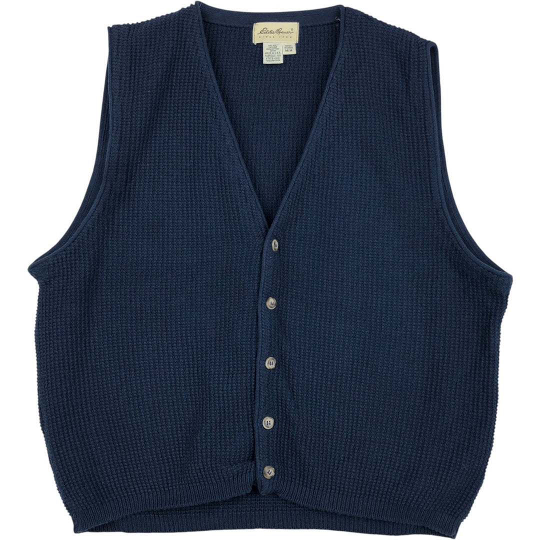 ~1990'S Eddie Bauer Open-Front Cotton Knit Vest, Made in USA, Men's Size M (Equivalent), Vintage cotton navy blue type Vintage Second Hand