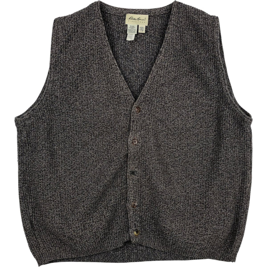 1990'S Eddie Bauer Open-Front Cotton Knit Vest, Made in USA, Men's Size L (Equivalent), Vintage cotton brown type Vintage Second Hand