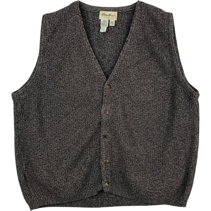 1990'S Eddie Bauer Open-Front Cotton Knit Vest, Made in USA, Men's Size L (Equivalent), Vintage cotton brown type Vintage Second Hand