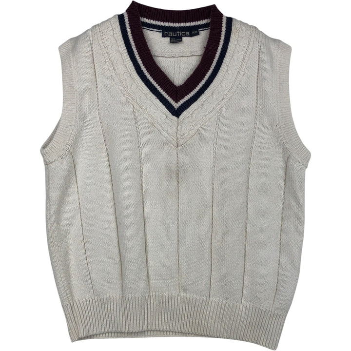 90s-00'S Nautica V-neck cotton knit vest, men's size M (approx.), vintage. cotton ivory Vintage Second Hand