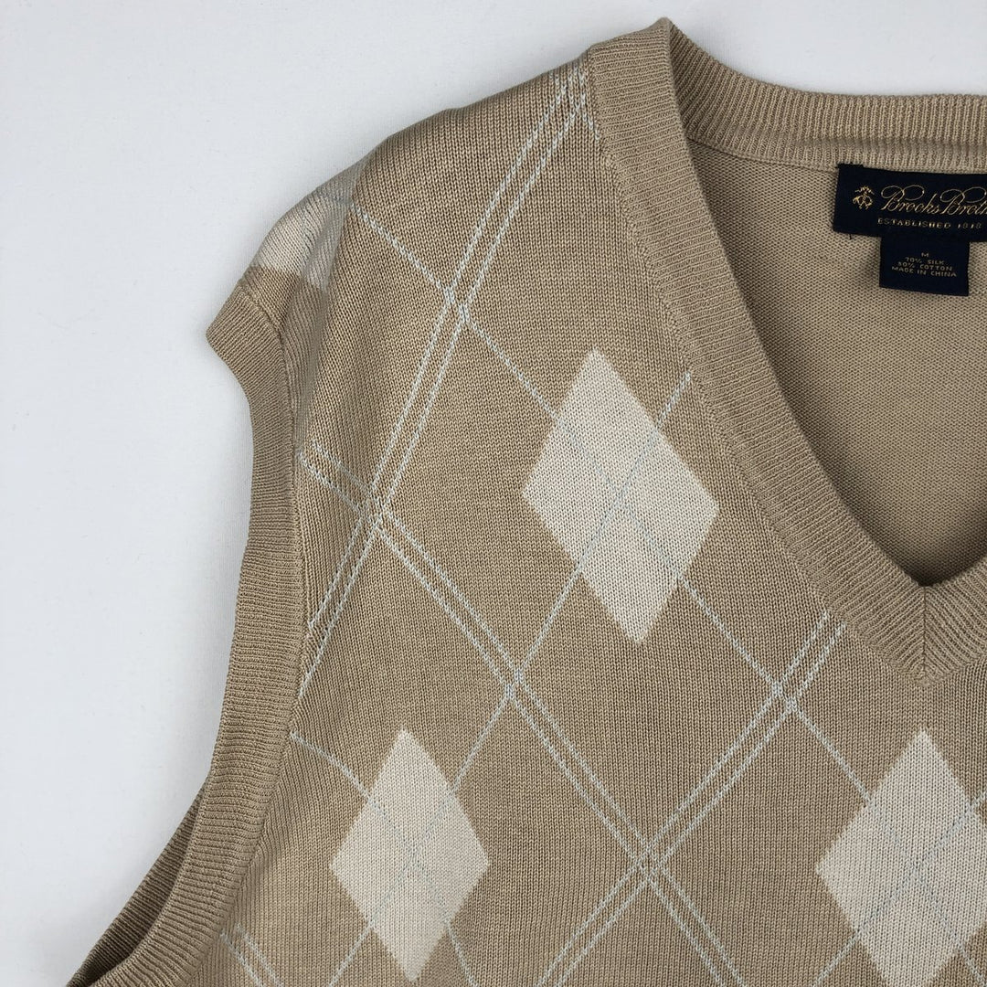 Brooks Brothers Argyle Pattern V-Neck Silk Knit Vest, Men's Size M (approx.) silk Beige type Vintage Second Hand