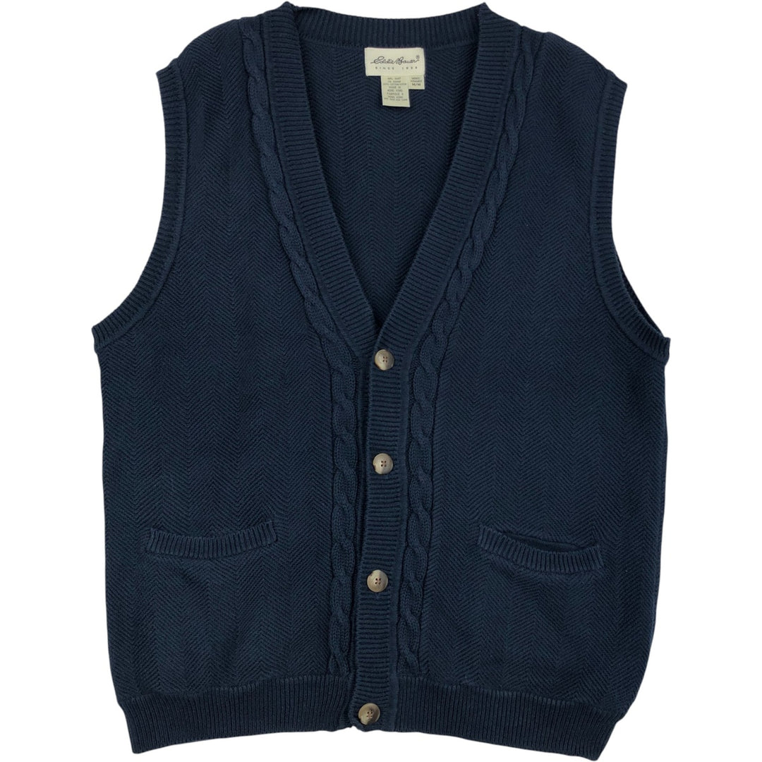 ~1990'S Eddie Bauer Open-Front Cotton Knit Vest, Made in Hong Kong, Men's Size M (Equivalent), Vintage cotton navy blue type Vintage Second Hand
