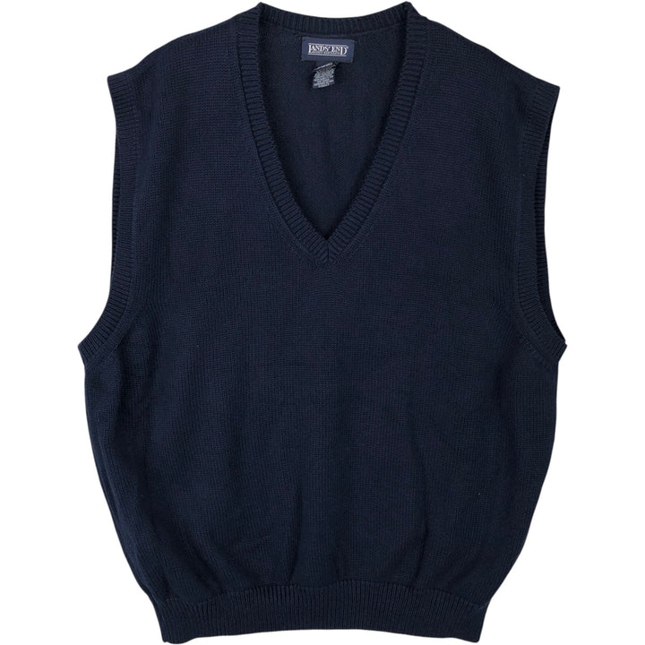 80s-90'S Lands' End V-neck cotton knit vest, made in USA, men's size L equivalent, vintage. cotton navy blue type Vintage Second Hand
