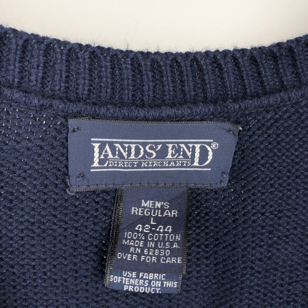 80s-90'S Lands' End V-neck cotton knit vest, made in USA, men's size L equivalent, vintage. cotton navy blue type Vintage Second Hand