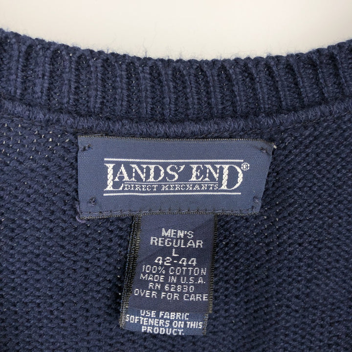 80s-90'S Lands' End V-neck cotton knit vest, made in USA, men's size L equivalent, vintage. cotton navy blue type Vintage Second Hand