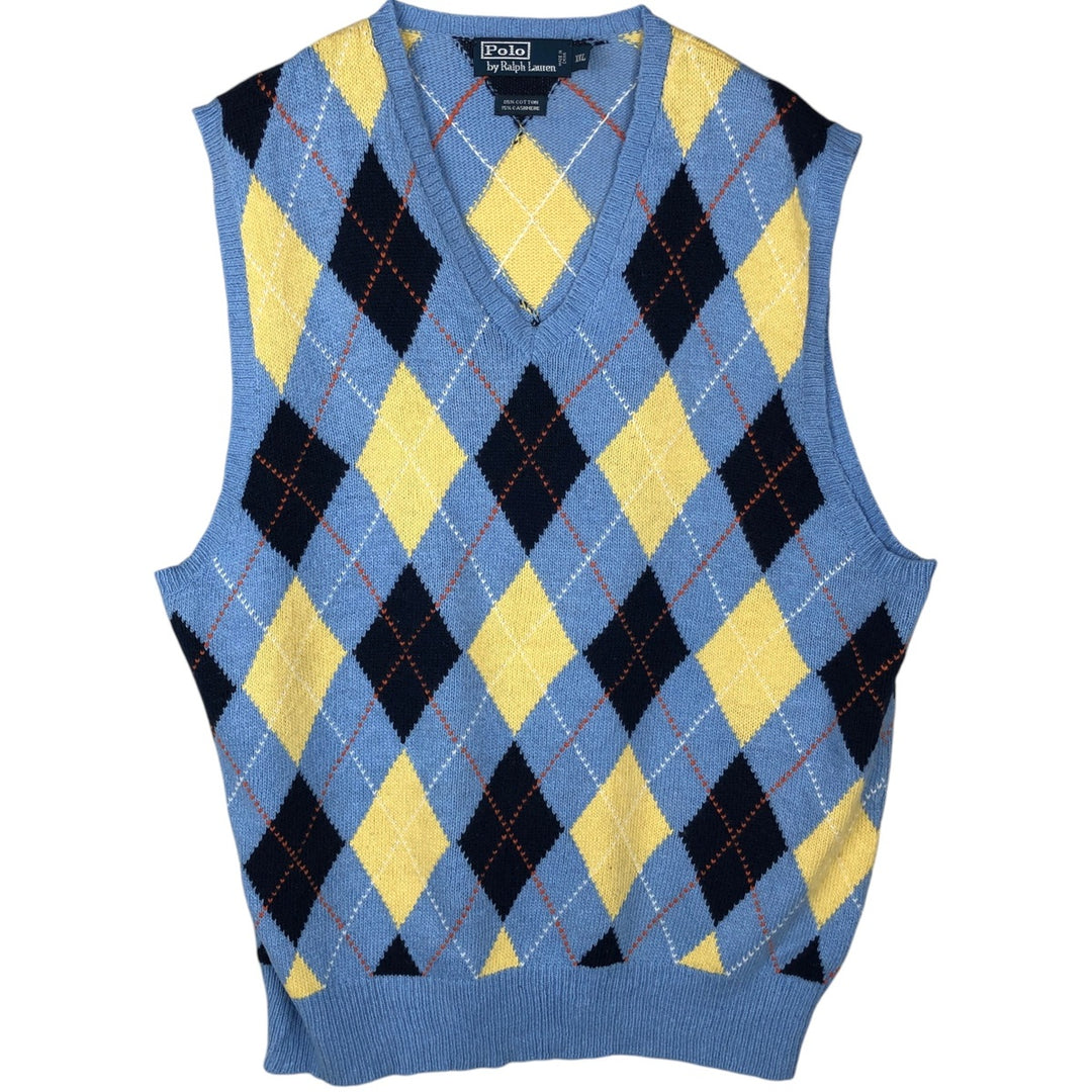 Ralph Lauren POLO by Ralph Lauren Argyle Pattern Cashmere Blend V-Neck Cotton Knit Vest, Men's XXL equivalent. cotton Blue type light blue Vintage Second Hand