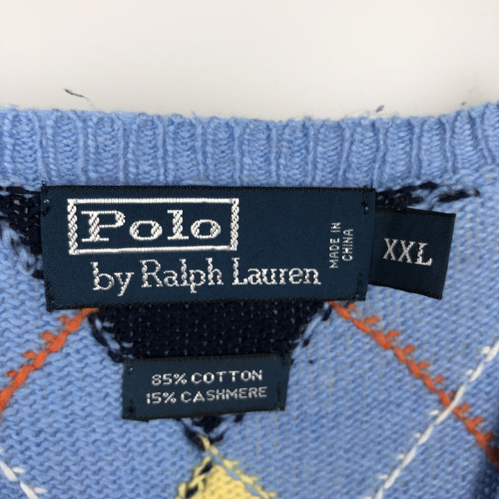 Ralph Lauren POLO by Ralph Lauren Argyle Pattern Cashmere Blend V-Neck Cotton Knit Vest, Men's XXL equivalent. cotton Blue type light blue Vintage Second Hand