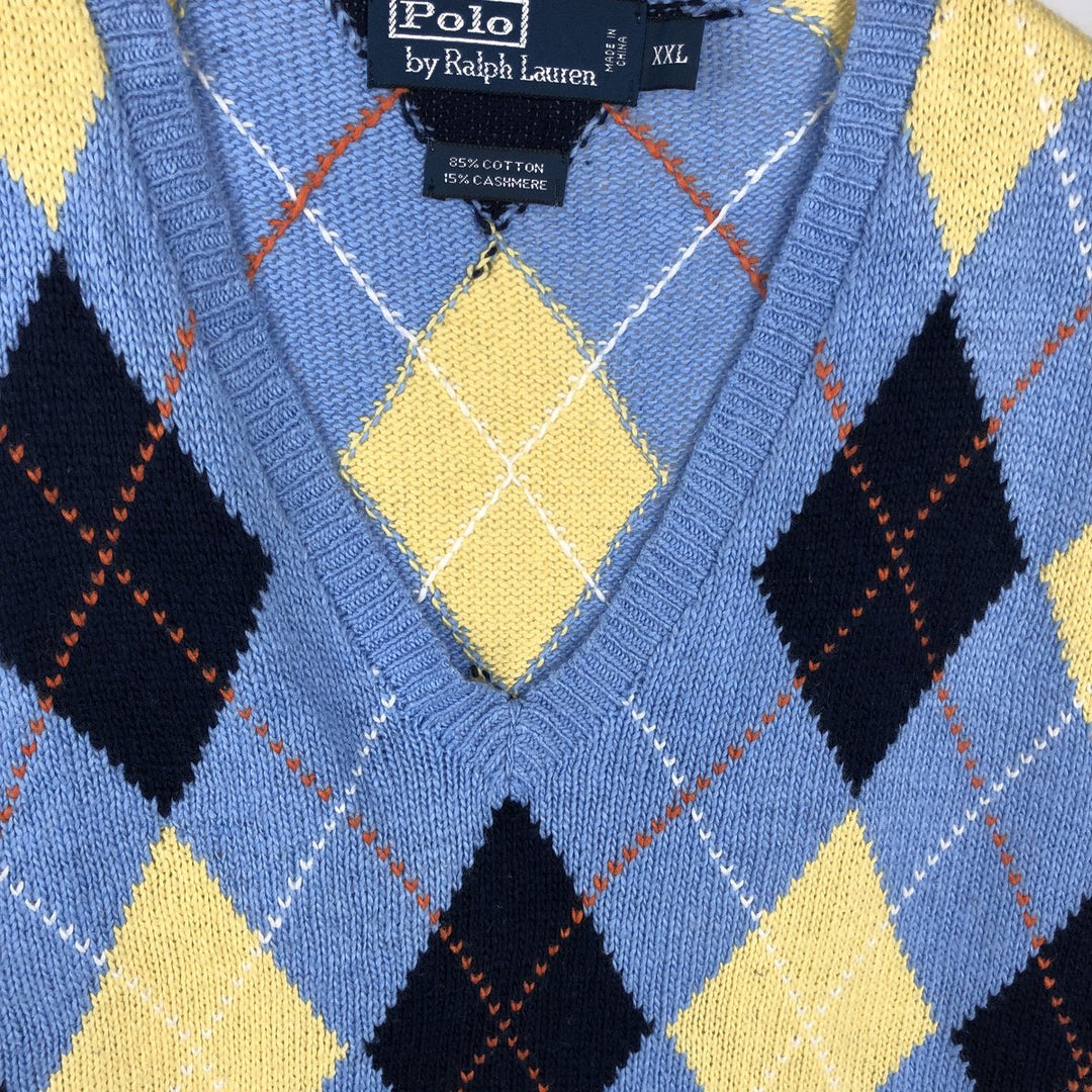 Ralph Lauren POLO by Ralph Lauren Argyle Pattern Cashmere Blend V-Neck Cotton Knit Vest, Men's XXL equivalent. cotton Blue type light blue Vintage Second Hand