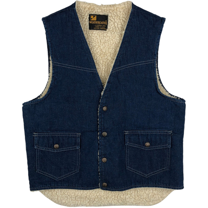 1970'S Weathercaster Bat-Dyed Denim Boa Vest, Made in USA, Men's Size M (Equivalent), Vintage unclear navy blue type Vintage Second Hand